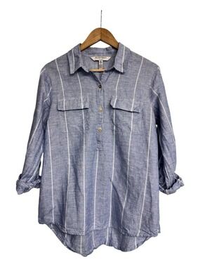 Coastal Linen Blend Striped Blouse Roll Tab Sleeve Shirt Ellen Tracy M